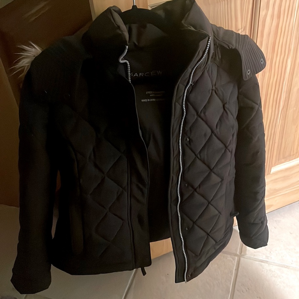 Black puffy warm jacket with detachable hood